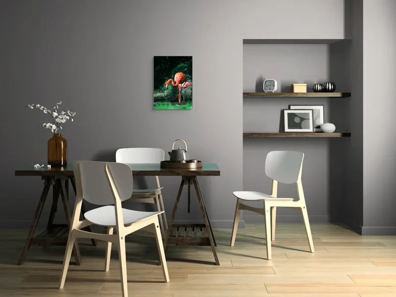 Tablou Canvas, "Flamingo în lumina dimineții răcoroase", Flamingo, Eleganță, Frumusețe, Natură, Roz, Verdeață, Grație, Reflecție, 39 x 54 cm – poza 7