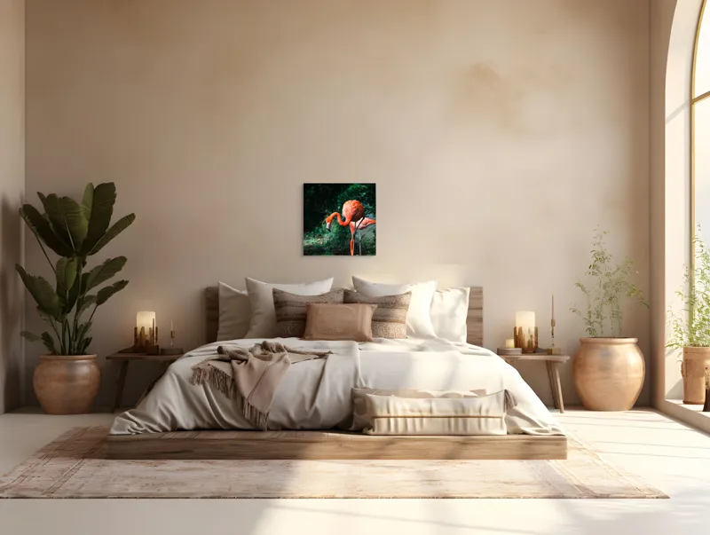 Tablou Canvas, "Flamingo în lumina dimineții răcoroase", Flamingo, Eleganță, Frumusețe, Natură, Roz, Verdeață, Grație, Reflecție, 50 x 50 cm – poza 5