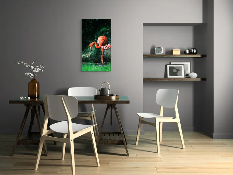 Tablou Canvas, "Flamingo în lumina dimineții răcoroase", Flamingo, Eleganță, Frumusețe, Natură, Roz, Verdeață, Grație, Reflecție, 50 x 90 cm – poza 4