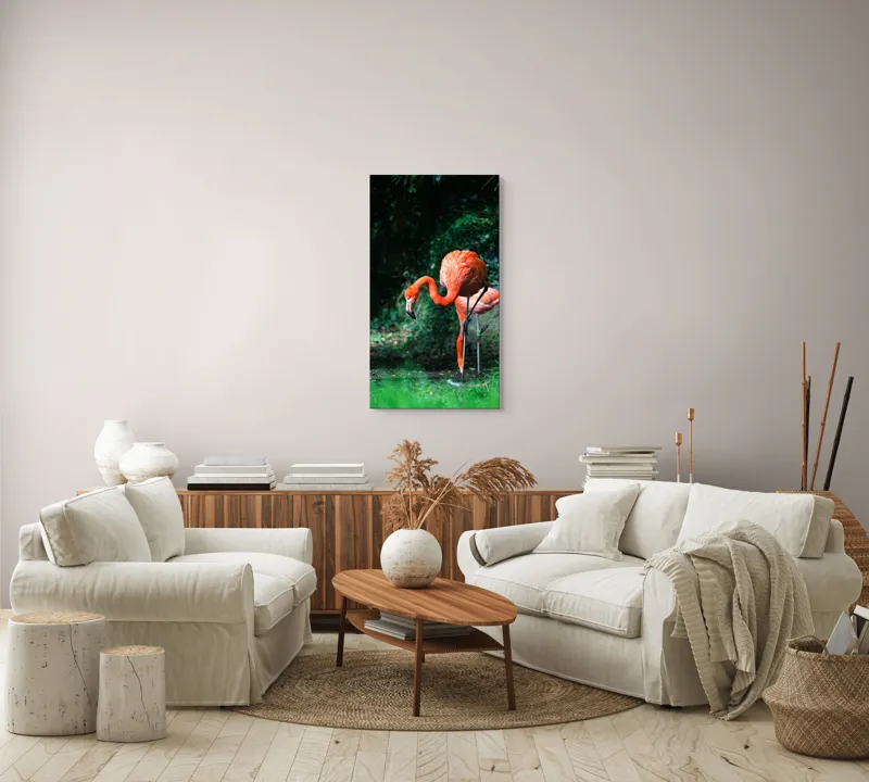 Tablou Canvas, "Flamingo în lumina dimineții răcoroase", Flamingo, Eleganță, Frumusețe, Natură, Roz, Verdeață, Grație, Reflecție, 50 x 90 cm – poza 7