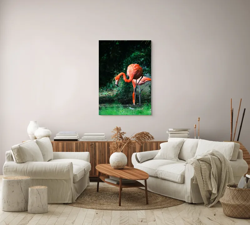 Tablou Canvas, "Flamingo în lumina dimineții răcoroase", Flamingo, Eleganță, Frumusețe, Natură, Roz, Verdeață, Grație, Reflecție, 70 x 100 cm – poza 4