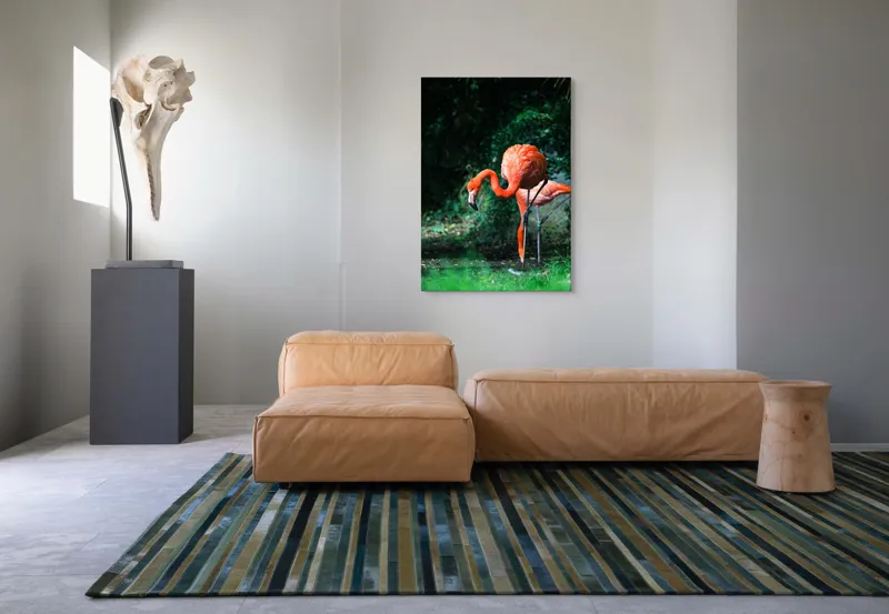 Tablou Canvas, "Flamingo în lumina dimineții răcoroase", Flamingo, Eleganță, Frumusețe, Natură, Roz, Verdeață, Grație, Reflecție, 70 x 100 cm – poza 7