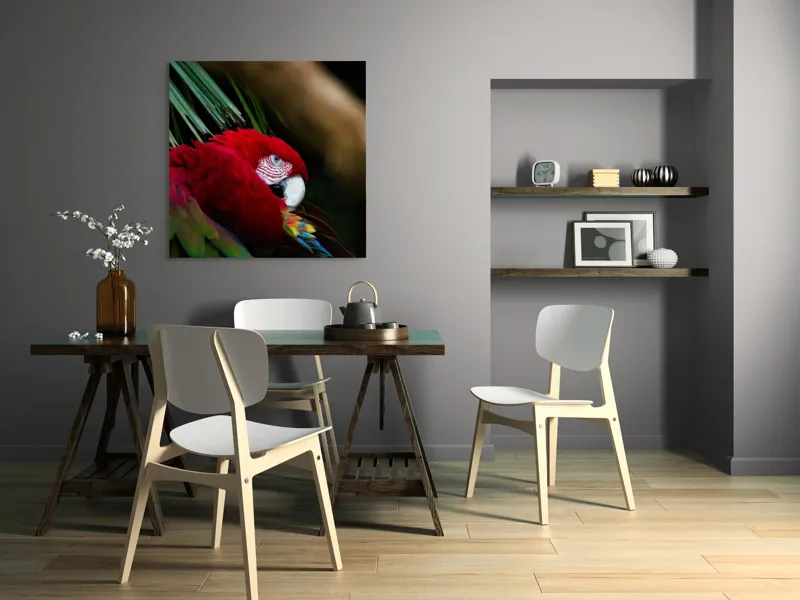 Tablou Canvas, "Papagal odihnindu-se în verdele tropical", Roșu, Papagal, Penaj, Frumos, Diversitate, Natural, Plante, Exotism, Textură, Privire, Culoare, 100 x 100 cm – poza 6