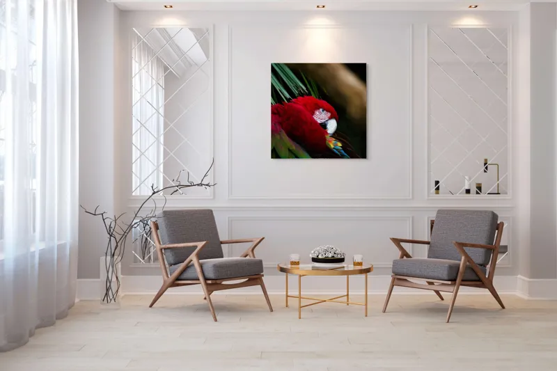 Tablou Canvas, "Papagal odihnindu-se în verdele tropical", Roșu, Papagal, Penaj, Frumos, Diversitate, Natural, Plante, Exotism, Textură, Privire, Culoare, 100 x 100 cm – poza 7
