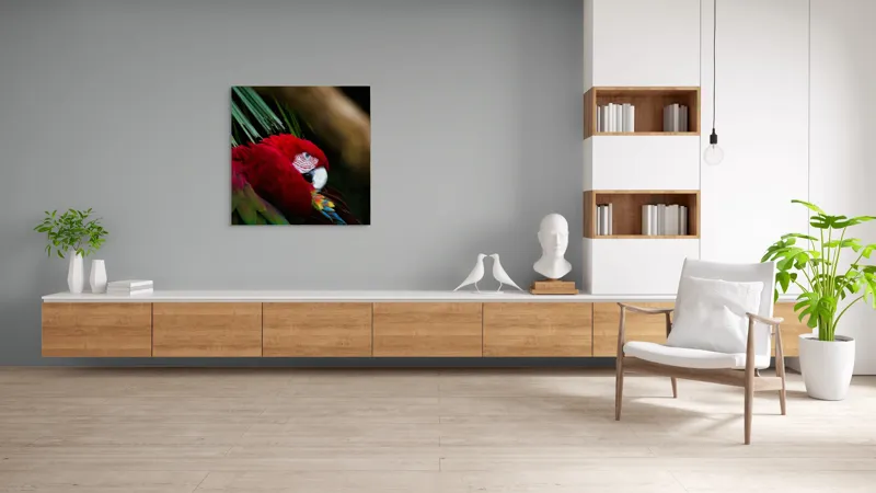 Tablou Canvas, "Papagal odihnindu-se în verdele tropical", Roșu, Papagal, Penaj, Frumos, Diversitate, Natural, Plante, Exotism, Textură, Privire, Culoare, 100 x 100 cm – poza 8