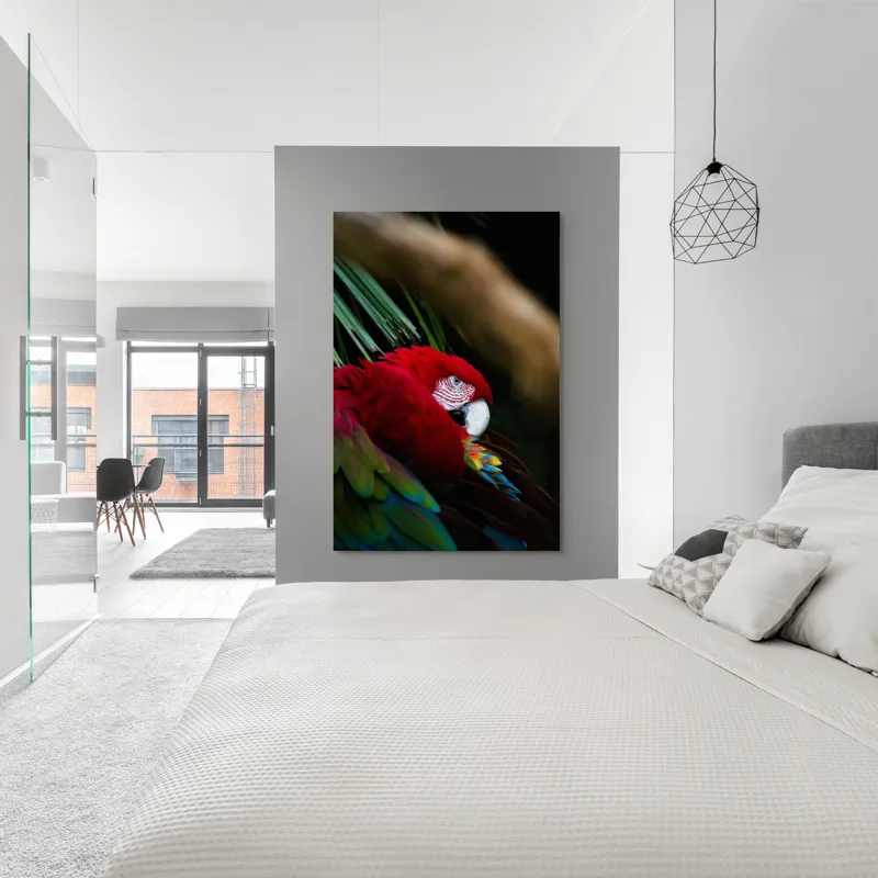 Tablou Canvas, "Papagal odihnindu-se în verdele tropical", Roșu, Papagal, Penaj, Frumos, Diversitate, Natural, Plante, Exotism, Textură, Privire, Culoare, 100 x 150 cm – poza 5