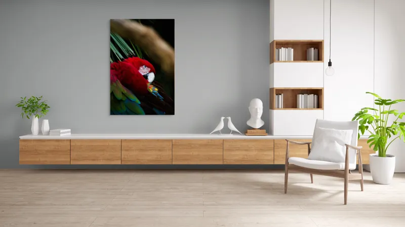 Tablou Canvas, "Papagal odihnindu-se în verdele tropical", Roșu, Papagal, Penaj, Frumos, Diversitate, Natural, Plante, Exotism, Textură, Privire, Culoare, 100 x 150 cm – poza 8