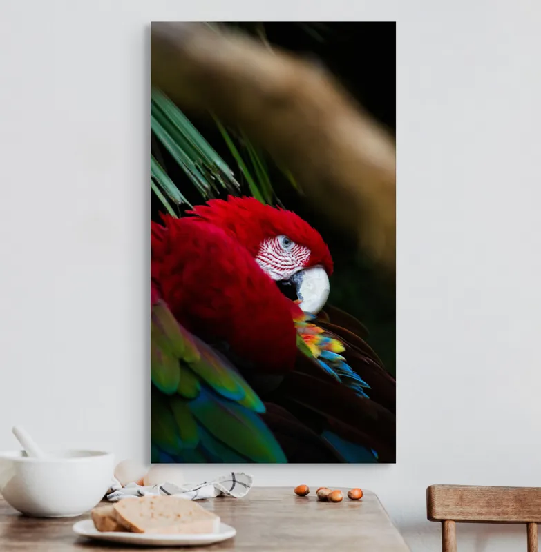 Tablou Canvas, "Papagal odihnindu-se în verdele tropical", Roșu, Papagal, Penaj, Frumos, Diversitate, Natural, Plante, Exotism, Textură, Privire, Culoare, 50 x 90 cm – poza 3