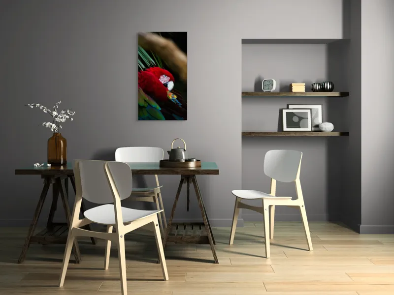 Tablou Canvas, "Papagal odihnindu-se în verdele tropical", Roșu, Papagal, Penaj, Frumos, Diversitate, Natural, Plante, Exotism, Textură, Privire, Culoare, 50 x 90 cm – poza 4