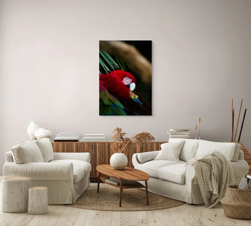 Tablou Canvas, "Papagal odihnindu-se în verdele tropical", Roșu, Papagal, Penaj, Frumos, Diversitate, Natural, Plante, Exotism, Textură, Privire, Culoare, 70 x 100 cm – poza 4
