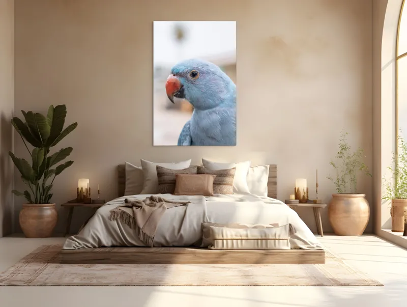 Tablou Canvas, "Papagalul albastru în lumina dimineții", Pasăre, Albastră, Cioc, Ochi, Penaj, Zâmbitoare, Aproape, Colorată, 100 x 150 cm – poza 3