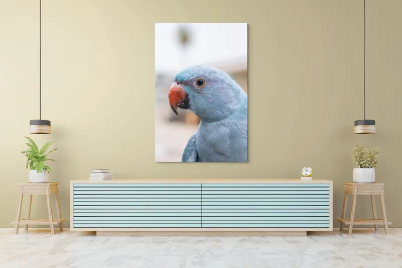 Tablou Canvas, "Papagalul albastru în lumina dimineții", Pasăre, Albastră, Cioc, Ochi, Penaj, Zâmbitoare, Aproape, Colorată, 100 x 150 cm – poza 4