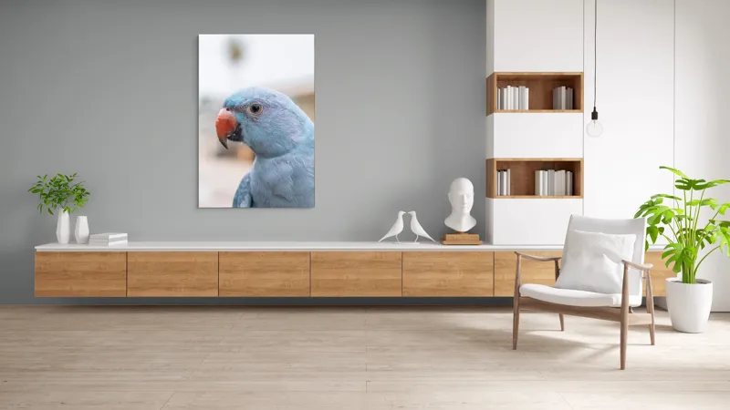 Tablou Canvas, "Papagalul albastru în lumina dimineții", Pasăre, Albastră, Cioc, Ochi, Penaj, Zâmbitoare, Aproape, Colorată, 100 x 150 cm – poza 8