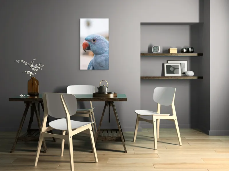 Tablou Canvas, "Papagalul albastru în lumina dimineții", Pasăre, Albastră, Cioc, Ochi, Penaj, Zâmbitoare, Aproape, Colorată, 50 x 90 cm – poza 4