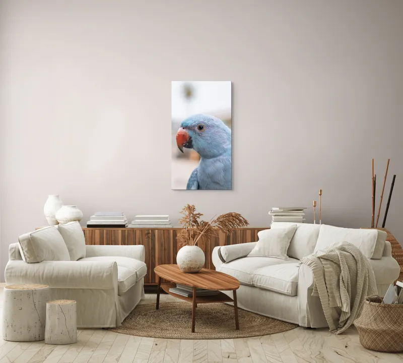 Tablou Canvas, "Papagalul albastru în lumina dimineții", Pasăre, Albastră, Cioc, Ochi, Penaj, Zâmbitoare, Aproape, Colorată, 50 x 90 cm – poza 7