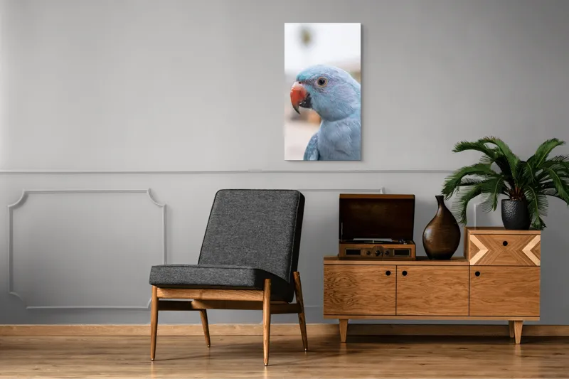 Tablou Canvas, "Papagalul albastru în lumina dimineții", Pasăre, Albastră, Cioc, Ochi, Penaj, Zâmbitoare, Aproape, Colorată, 50 x 90 cm – poza 8