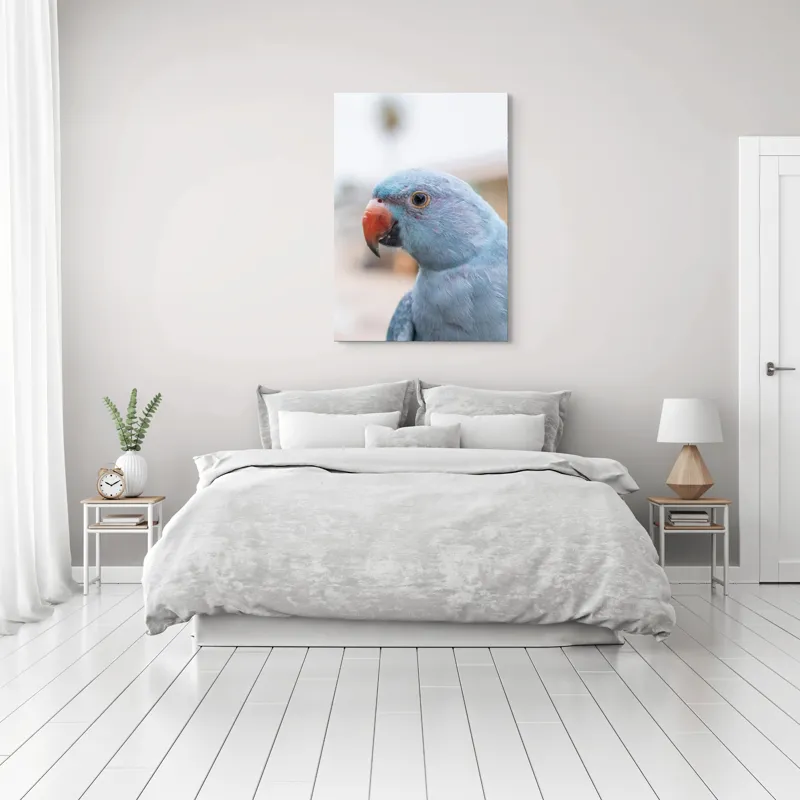 Tablou Canvas, "Papagalul albastru în lumina dimineții", Pasăre, Albastră, Cioc, Ochi, Penaj, Zâmbitoare, Aproape, Colorată, 70 x 100 cm – poza 3