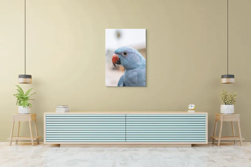 Tablou Canvas, "Papagalul albastru în lumina dimineții", Pasăre, Albastră, Cioc, Ochi, Penaj, Zâmbitoare, Aproape, Colorată, 70 x 100 cm – poza 5