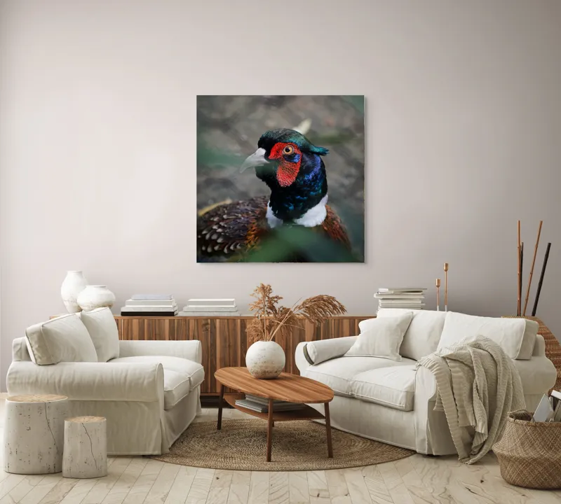 Tablou Canvas, "Pesajul fermecat al pădurii misterioase", Pasăre, Colorată, Eleganță, Natură, Privire, Penaj, Contrast, Frumusețe, 100 x 100 cm – poza 3