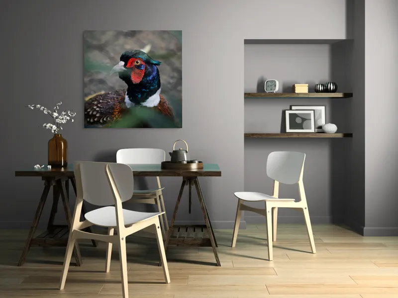 Tablou Canvas, "Pesajul fermecat al pădurii misterioase", Pasăre, Colorată, Eleganță, Natură, Privire, Penaj, Contrast, Frumusețe, 100 x 100 cm – poza 6