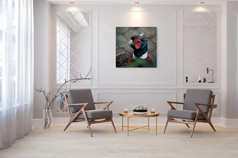 Tablou Canvas, "Pesajul fermecat al pădurii misterioase", Pasăre, Colorată, Eleganță, Natură, Privire, Penaj, Contrast, Frumusețe, 100 x 100 cm – poza 7