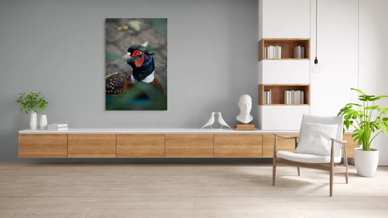 Tablou Canvas, "Pesajul fermecat al pădurii misterioase", Pasăre, Colorată, Eleganță, Natură, Privire, Penaj, Contrast, Frumusețe, 100 x 150 cm – poza 8