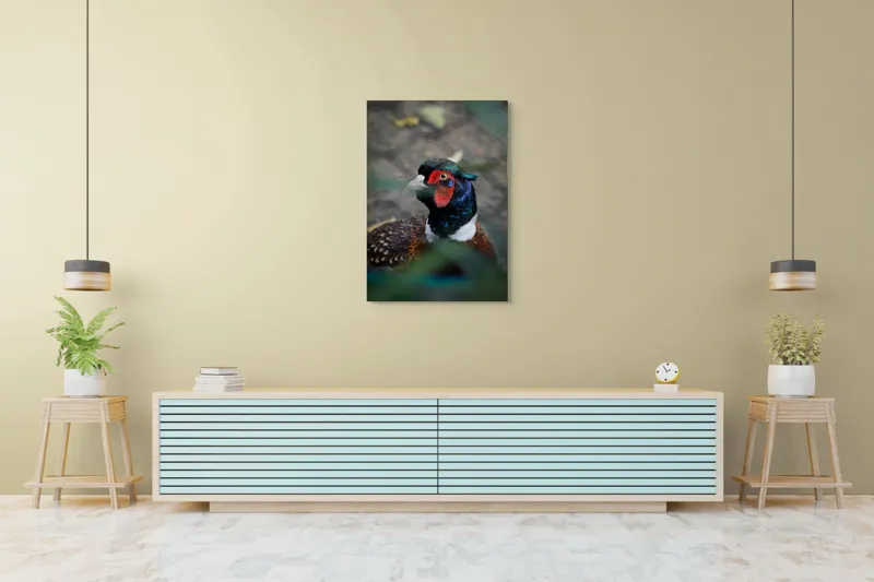 Tablou Canvas, "Pesajul fermecat al pădurii misterioase", Pasăre, Colorată, Eleganță, Natură, Privire, Penaj, Contrast, Frumusețe, 70 x 100 cm – poza 5