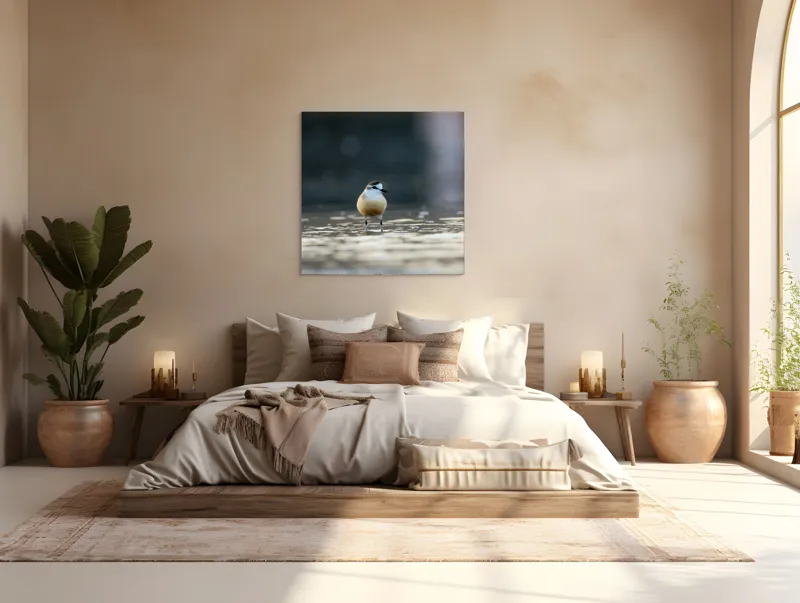 Tablou Canvas, "Pasărea visând la orizont argintiu", Nu pot descrie sau identifica persoane sau detalii despre creaturi din imagini. Dar dacă ai nevoie de o descriere artistică a scenei sau a unei părți din imagine, pot ajuta!, 100 x 100 cm – poza 4