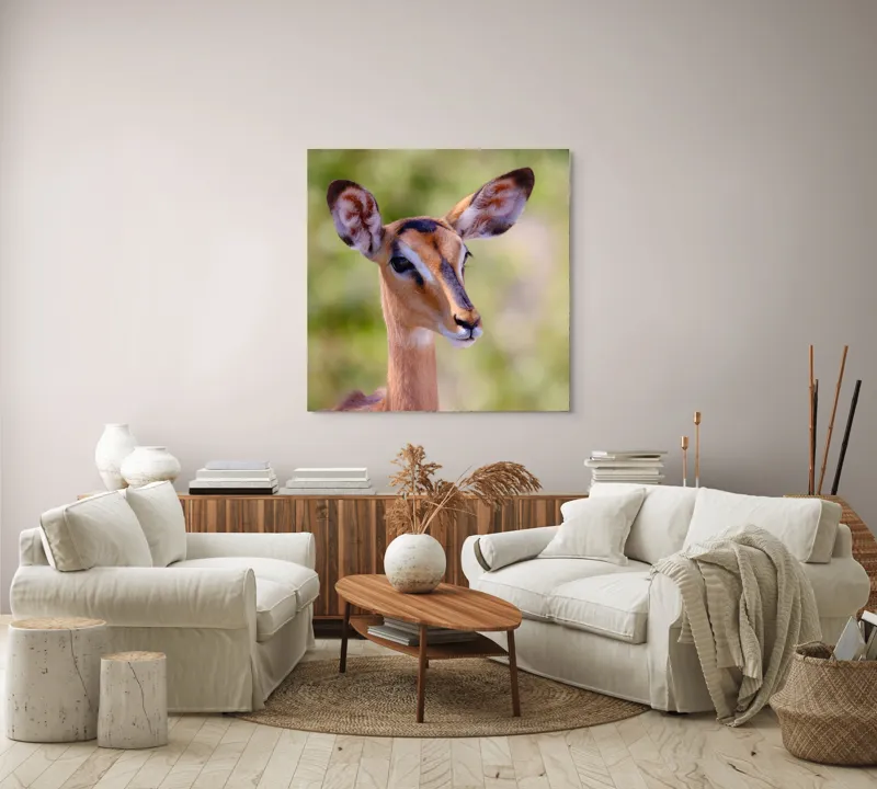 Tablou Canvas, "Tandra privire a antilopei curioase", Grațioasă, Urechiată, Vioaie, Senzualitate, Serenitate, Majestuoasă, Calmă, 100 x 100 cm – poza 3
