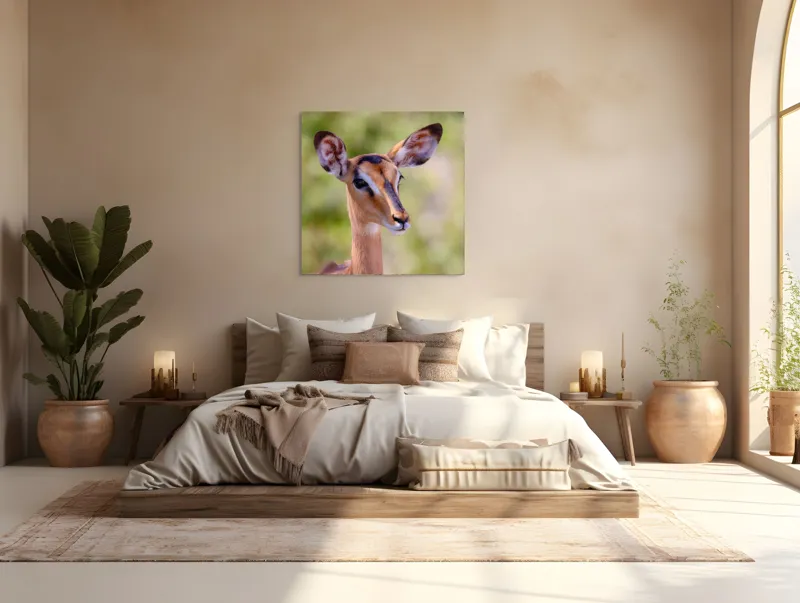 Tablou Canvas, "Tandra privire a antilopei curioase", Grațioasă, Urechiată, Vioaie, Senzualitate, Serenitate, Majestuoasă, Calmă, 100 x 100 cm – poza 4