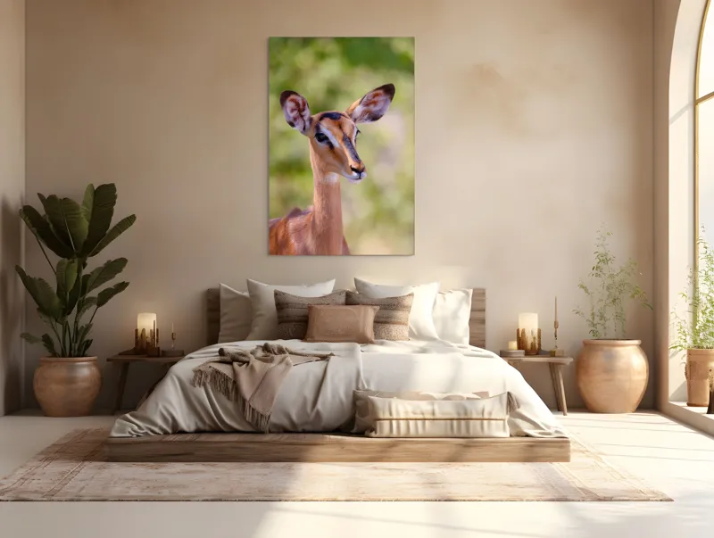 Tablou Canvas, "Tandra privire a antilopei curioase", Grațioasă, Urechiată, Vioaie, Senzualitate, Serenitate, Majestuoasă, Calmă, 100 x 150 cm – poza 3