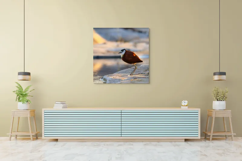 Tablou Canvas, "Păsărea solitară la apus de soare", Pasăre, Lac, Penaj, Apus, Stâncă, Reflecție, Natură, Serenitate, 100 x 100 cm – poza 5