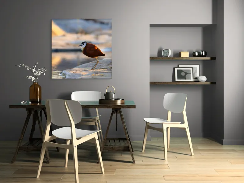 Tablou Canvas, "Păsărea solitară la apus de soare", Pasăre, Lac, Penaj, Apus, Stâncă, Reflecție, Natură, Serenitate, 100 x 100 cm – poza 6