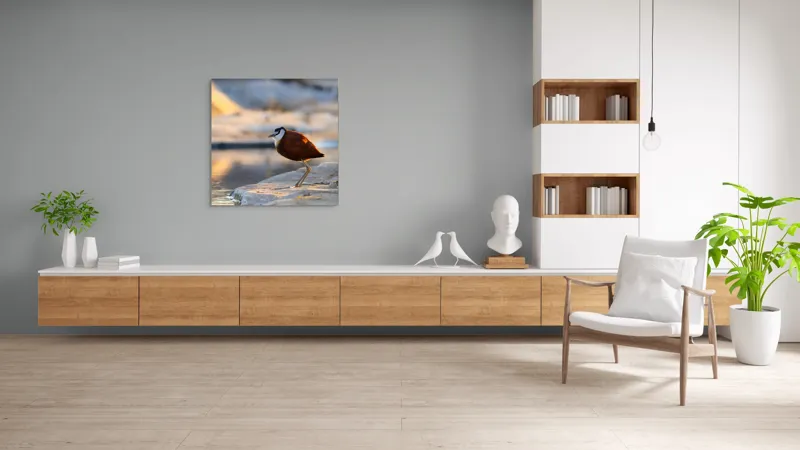 Tablou Canvas, "Păsărea solitară la apus de soare", Pasăre, Lac, Penaj, Apus, Stâncă, Reflecție, Natură, Serenitate, 100 x 100 cm – poza 8