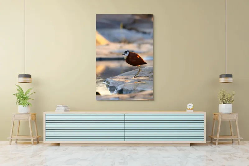 Tablou Canvas, "Păsărea solitară la apus de soare", Pasăre, Lac, Penaj, Apus, Stâncă, Reflecție, Natură, Serenitate, 100 x 150 cm – poza 4