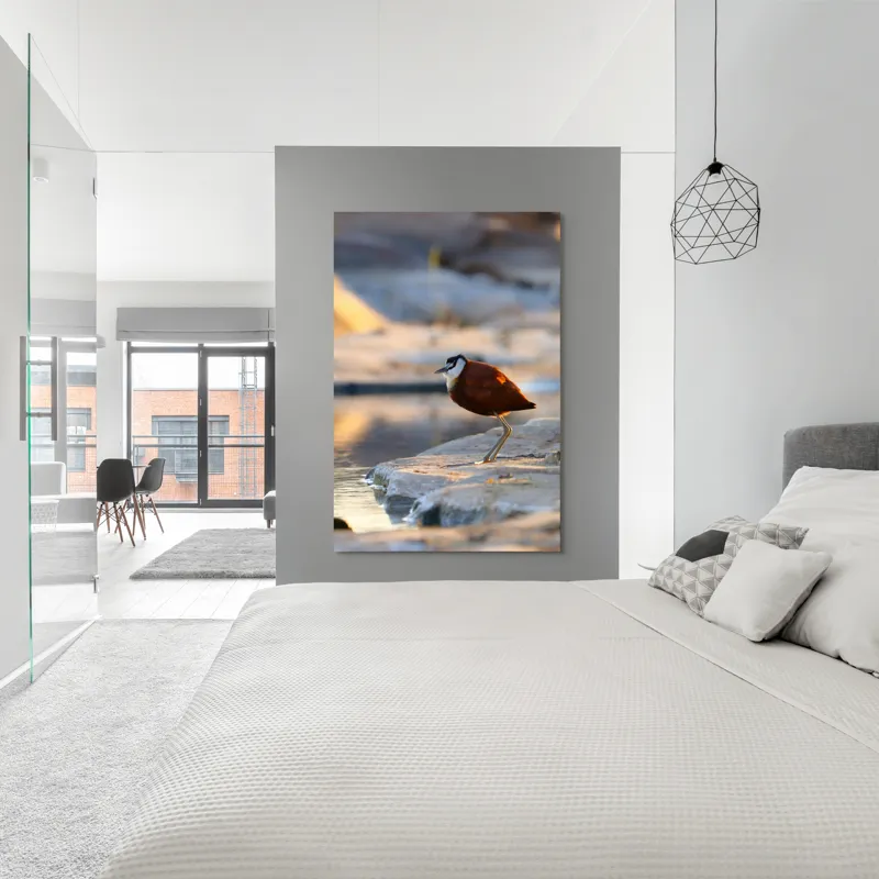 Tablou Canvas, "Păsărea solitară la apus de soare", Pasăre, Lac, Penaj, Apus, Stâncă, Reflecție, Natură, Serenitate, 100 x 150 cm – poza 5