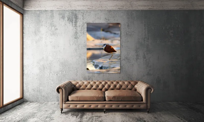 Tablou Canvas, "Păsărea solitară la apus de soare", Pasăre, Lac, Penaj, Apus, Stâncă, Reflecție, Natură, Serenitate, 100 x 150 cm – poza 6