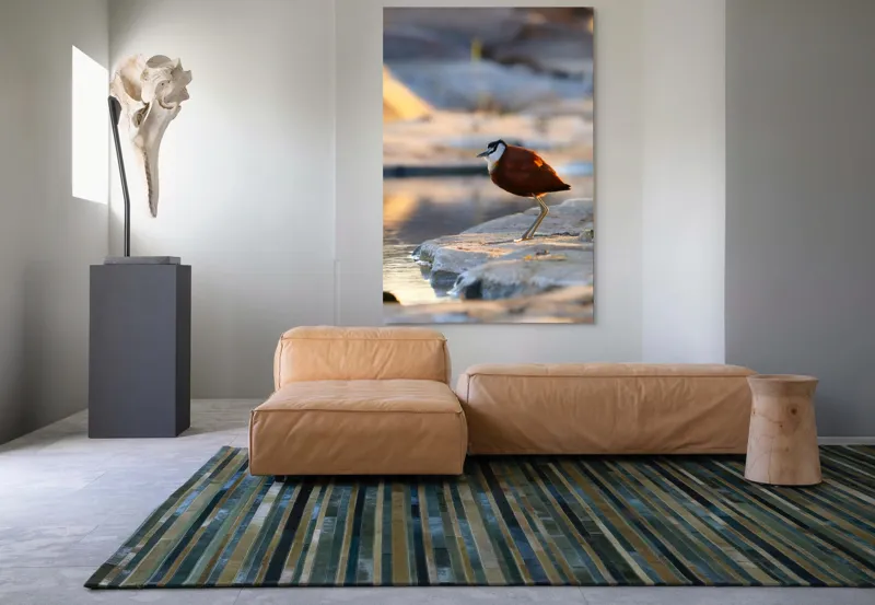 Tablou Canvas, "Păsărea solitară la apus de soare", Pasăre, Lac, Penaj, Apus, Stâncă, Reflecție, Natură, Serenitate, 100 x 150 cm – poza 7