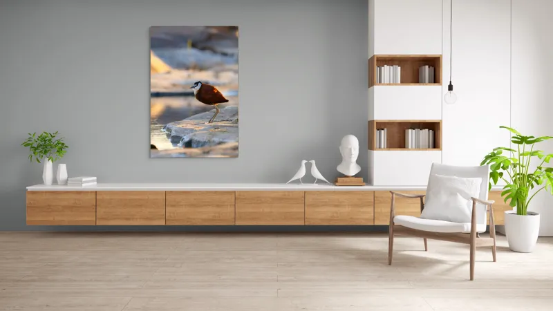 Tablou Canvas, "Păsărea solitară la apus de soare", Pasăre, Lac, Penaj, Apus, Stâncă, Reflecție, Natură, Serenitate, 100 x 150 cm – poza 8
