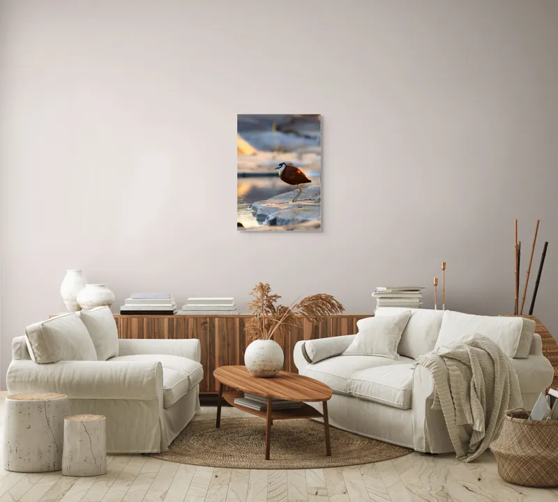 Tablou Canvas, "Păsărea solitară la apus de soare", Pasăre, Lac, Penaj, Apus, Stâncă, Reflecție, Natură, Serenitate, 50 x 70 cm – poza 4