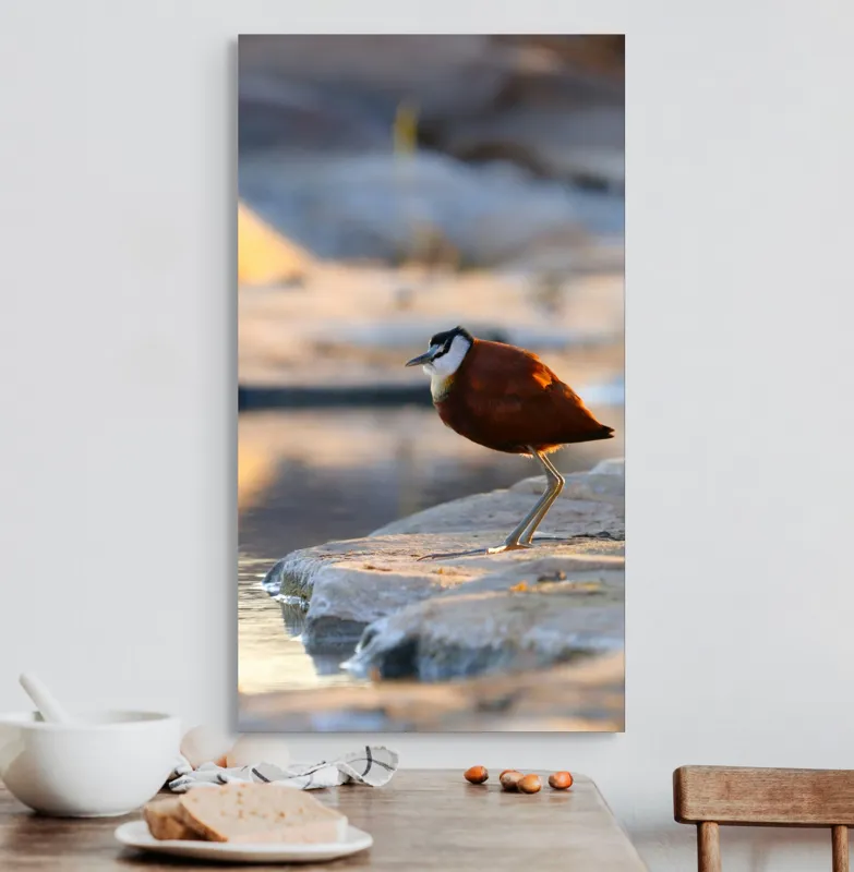 Tablou Canvas, "Păsărea solitară la apus de soare", Pasăre, Lac, Penaj, Apus, Stâncă, Reflecție, Natură, Serenitate, 50 x 90 cm – poza 3