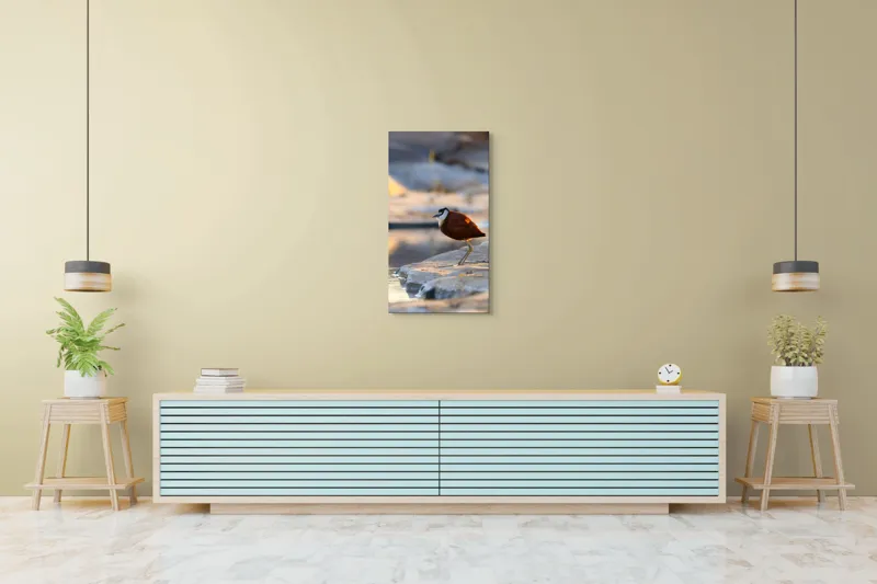 Tablou Canvas, "Păsărea solitară la apus de soare", Pasăre, Lac, Penaj, Apus, Stâncă, Reflecție, Natură, Serenitate, 50 x 90 cm – poza 6