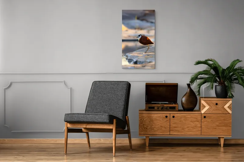 Tablou Canvas, "Păsărea solitară la apus de soare", Pasăre, Lac, Penaj, Apus, Stâncă, Reflecție, Natură, Serenitate, 50 x 90 cm – poza 8