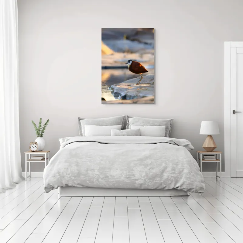 Tablou Canvas, "Păsărea solitară la apus de soare", Pasăre, Lac, Penaj, Apus, Stâncă, Reflecție, Natură, Serenitate, 70 x 100 cm – poza 3