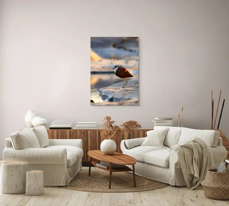 Tablou Canvas, "Păsărea solitară la apus de soare", Pasăre, Lac, Penaj, Apus, Stâncă, Reflecție, Natură, Serenitate, 70 x 100 cm – poza 4