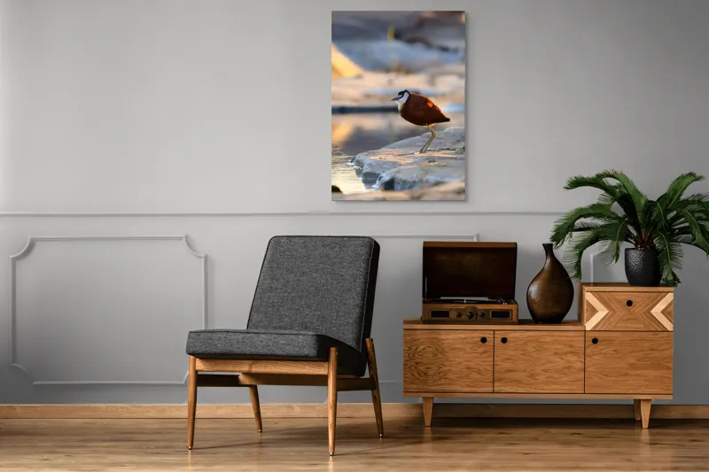 Tablou Canvas, "Păsărea solitară la apus de soare", Pasăre, Lac, Penaj, Apus, Stâncă, Reflecție, Natură, Serenitate, 70 x 100 cm – poza 6