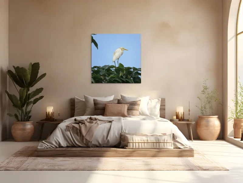 Tablou Canvas, "Egreta pe fondul cerului senin", Pasăre, Frunze, Cer, Albastru, Lumină, Natural, Verde, Galben, Pene, Vârf, 100 x 100 cm – poza 4