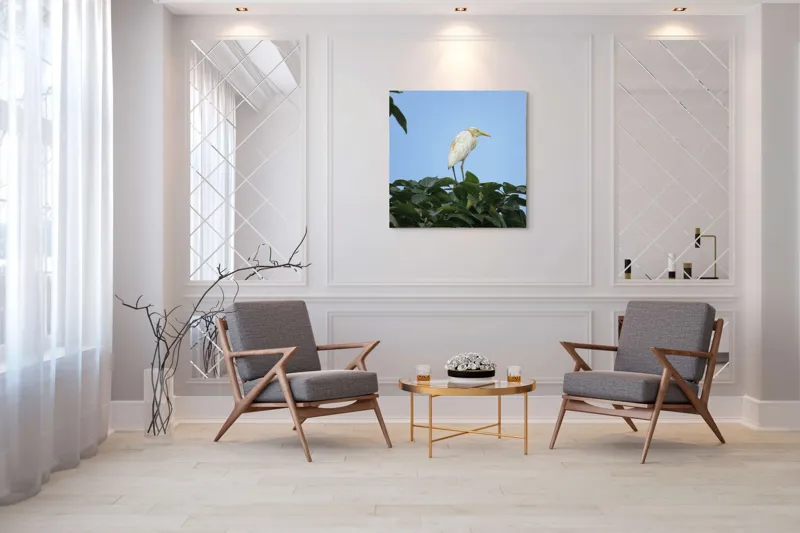 Tablou Canvas, "Egreta pe fondul cerului senin", Pasăre, Frunze, Cer, Albastru, Lumină, Natural, Verde, Galben, Pene, Vârf, 100 x 100 cm – poza 7