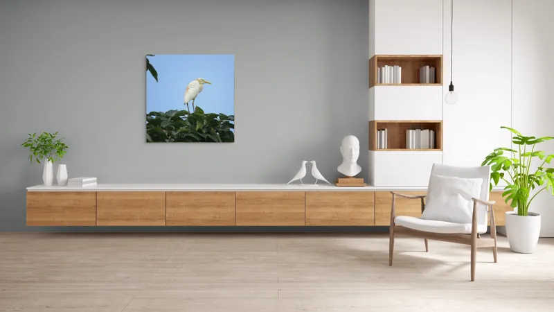 Tablou Canvas, "Egreta pe fondul cerului senin", Pasăre, Frunze, Cer, Albastru, Lumină, Natural, Verde, Galben, Pene, Vârf, 100 x 100 cm – poza 8