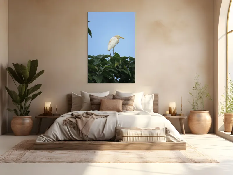 Tablou Canvas, "Egreta pe fondul cerului senin", Pasăre, Frunze, Cer, Albastru, Lumină, Natural, Verde, Galben, Pene, Vârf, 100 x 150 cm – poza 3